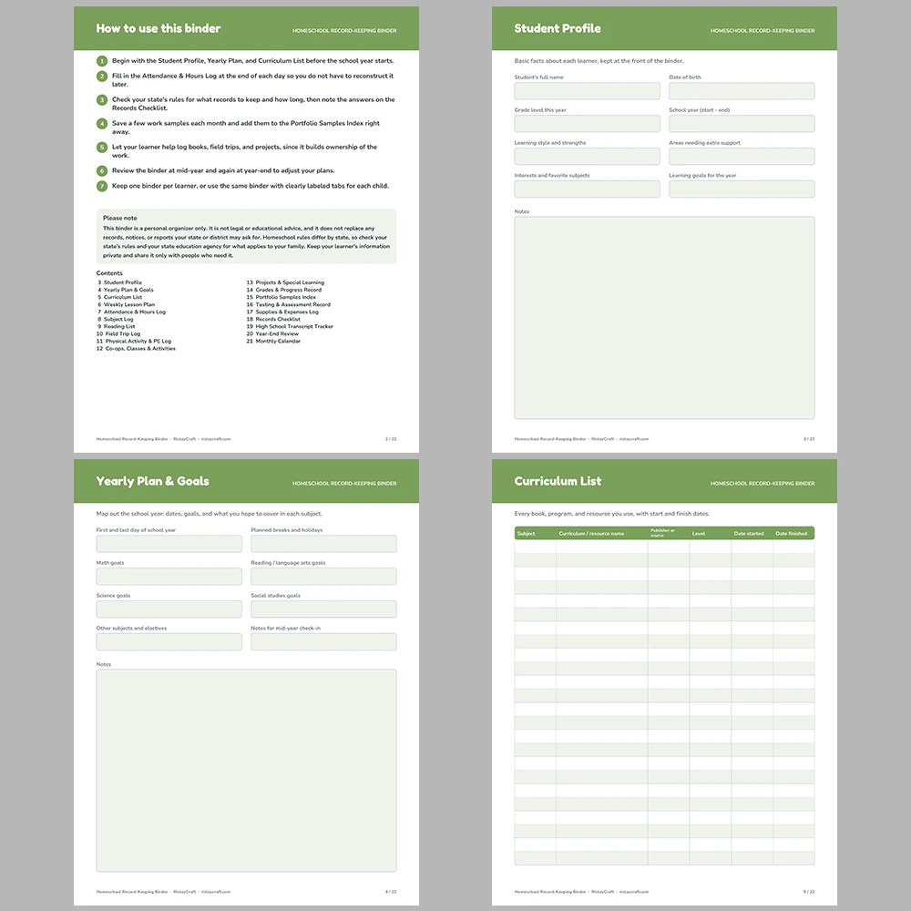 Homeschool Record Keeping Binder Printable | Attendance & Hours Log, Reading List, Field Trip Log, Portfolio Tracker | PDF