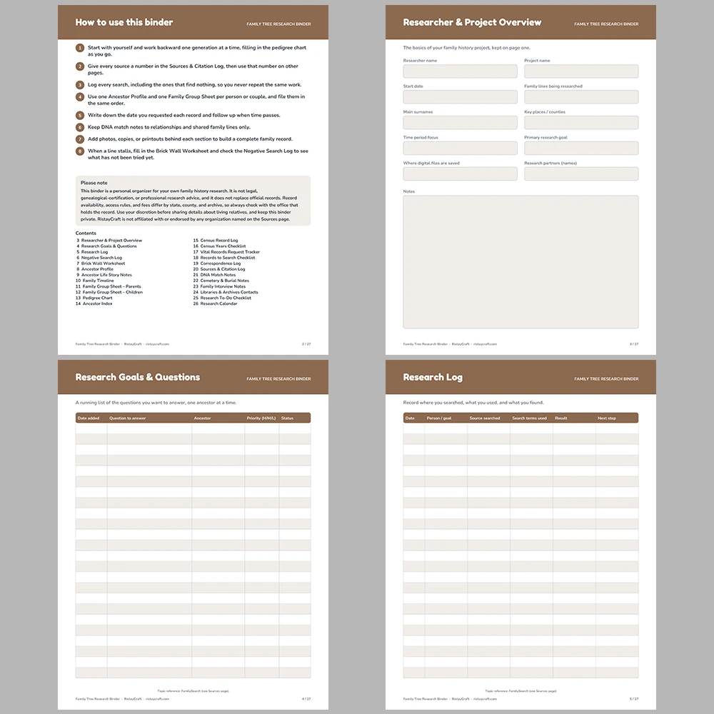 Family Tree Research Binder Printable | Genealogy Organizer | Pedigree Chart, Family Group Sheets, Census Log | Fillable PDF