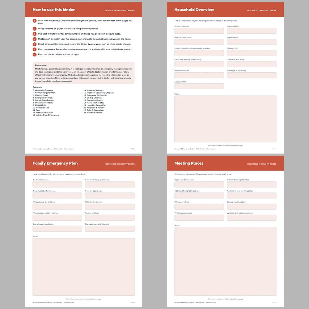 Household Emergency Binder Printable | Family Emergency Plan | Contacts, Documents, Kit Checklist, Pets | Fillable PDF Instant Download