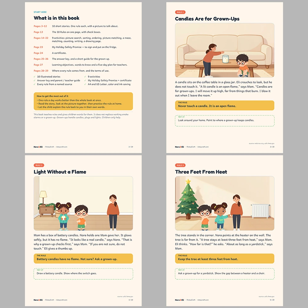 Holiday Safety for Kids Printable | 29-Page Christmas Tree Candle and Lights Safety Workbook Ages 5–8 | December Activities