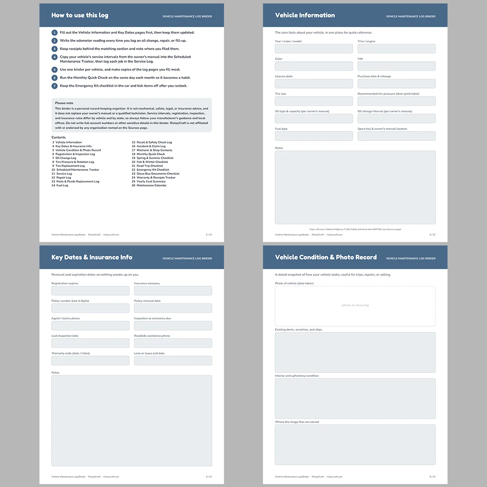 Vehicle Maintenance Log Binder Printable | Car Service Record, Oil Change Log, Fuel Log, Repair Log | Fillable PDF Download