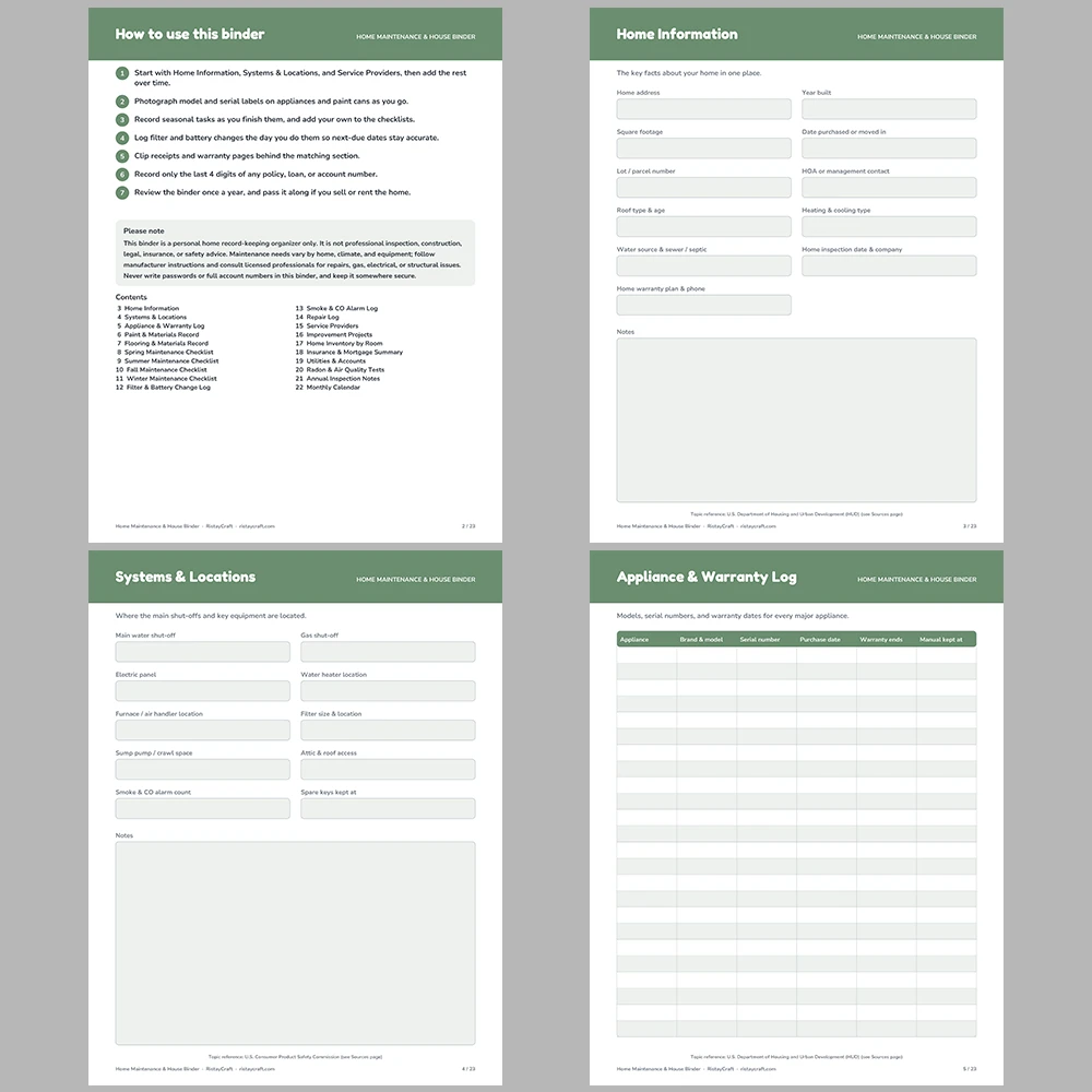 Home Maintenance Binder Printable | House Binder | Appliance Log, Repair Log, Seasonal Checklists, Home Inventory | Fillable PDF