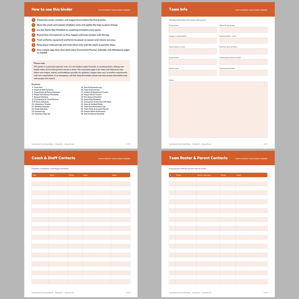 Team Parent Binder Printable | Youth Sports Manager Organizer | Roster, Snack Schedule, Carpool Log, Game Day Checklist | Instant PDF