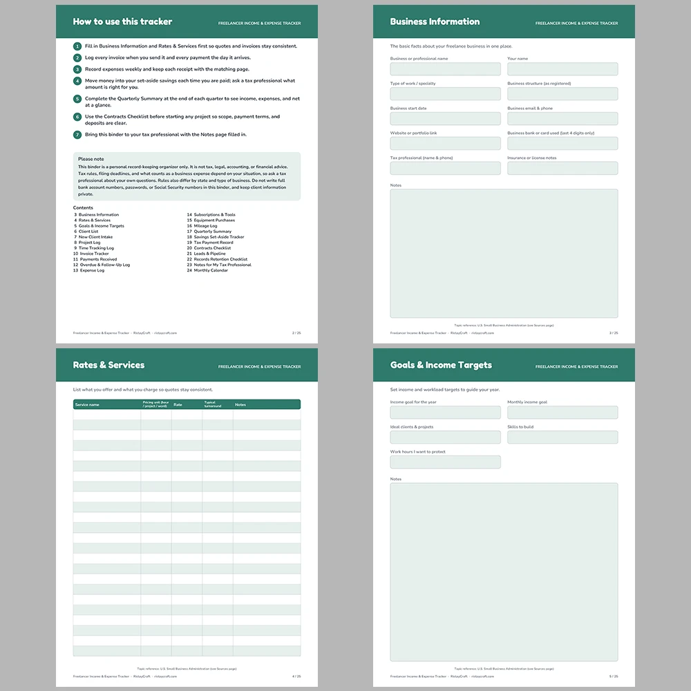 Freelancer Income & Expense Tracker Printable | Self Employed Bookkeeping Binder | Invoice, Mileage, Client Log | Instant PDF