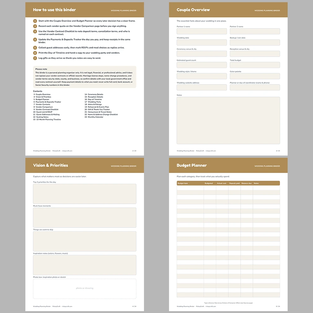 Wedding Planning Binder Printable | Wedding Planner Organizer PDF | Budget, Guest List, Vendor Tracker, Timeline | Instant Download
