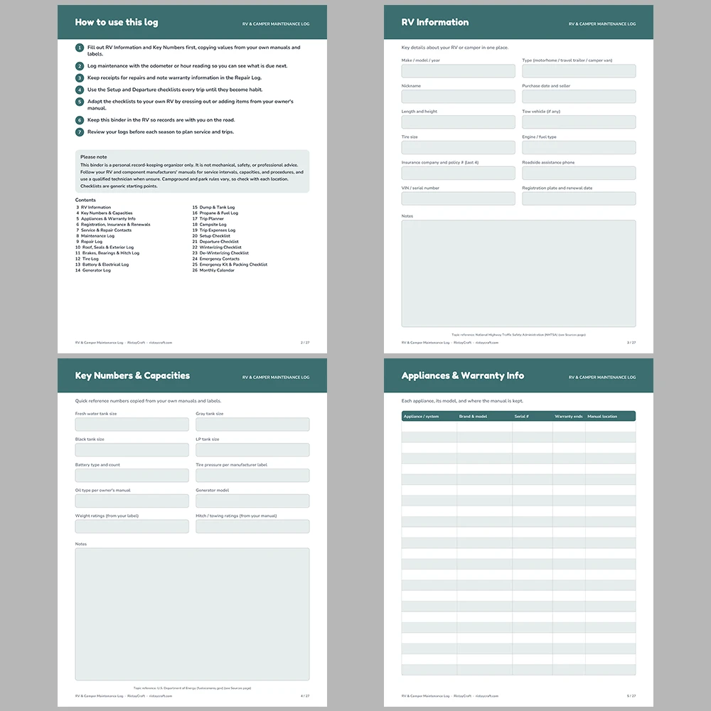 RV Maintenance Log Printable | Camper Trip Planner | Campsite Log & Checklists | RV Binder PDF | Travel Trailer Organizer Instant Download