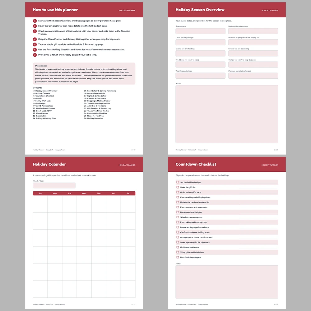 Holiday Planner Printable | Christmas Planner Binder PDF | Gift List, Budget, Menu, Cards, Calendar | Instant Download