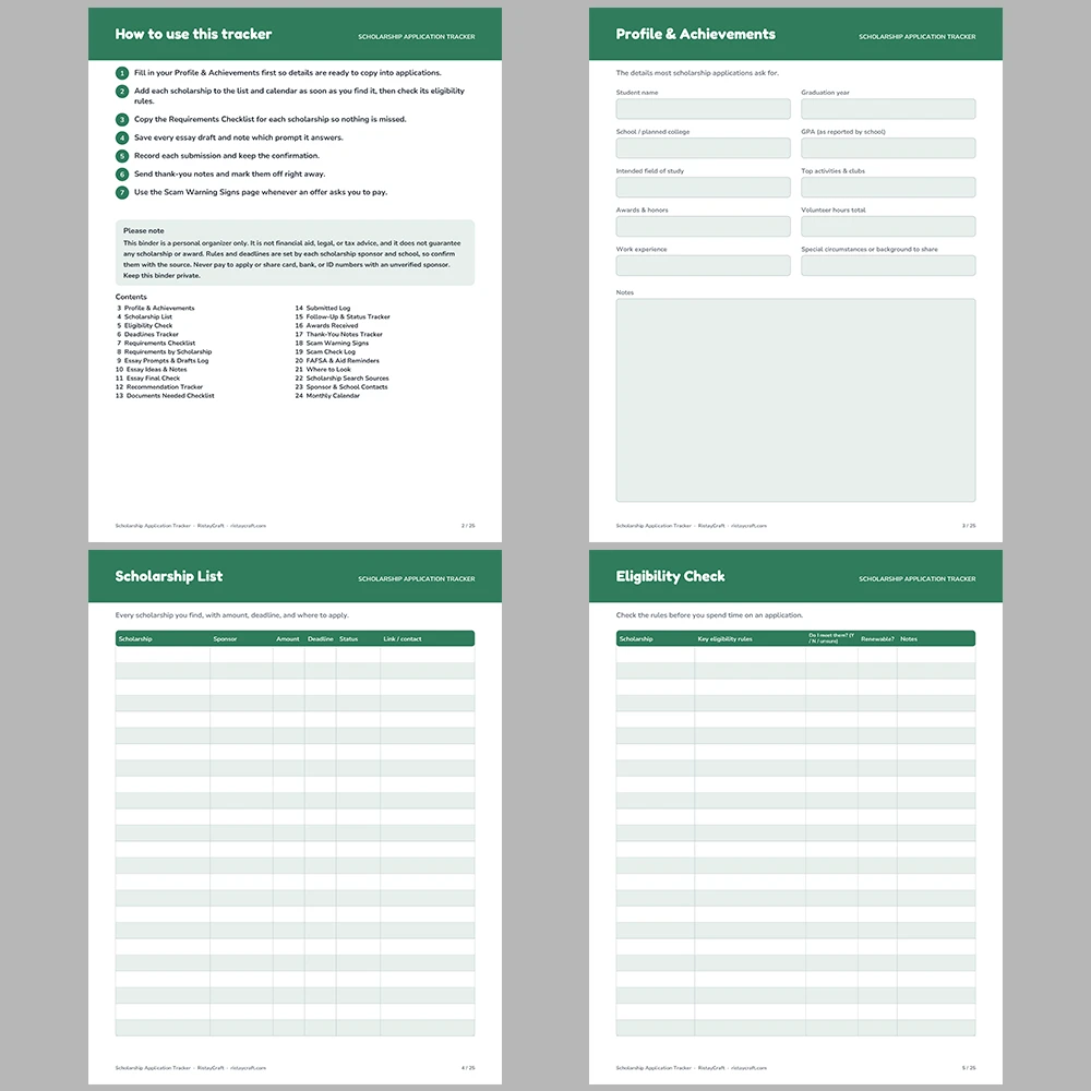 Scholarship Application Tracker Printable | Scholarship Planner, Essay & Deadline Log, Scam Checklist | Instant Download PDF
