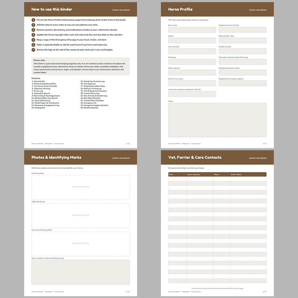 Horse Care Binder Printable | Horse Health Record Log | Farrier & Vaccination Tracker | Equine Planner PDF | Instant Download