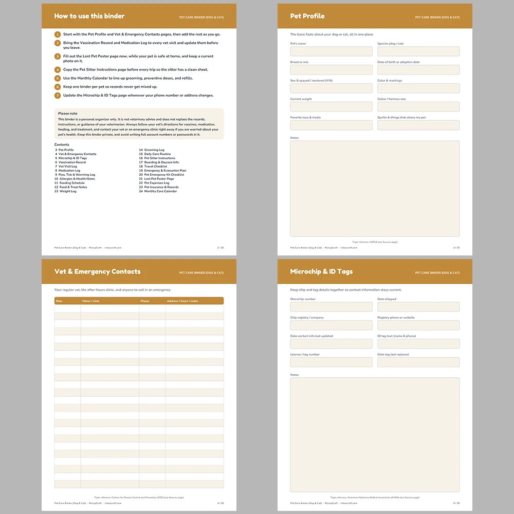 Pet Care Binder Printable | Dog & Cat Health Record, Vaccination Log, Feeding Schedule, Pet Sitter Sheet | Instant Download PDF