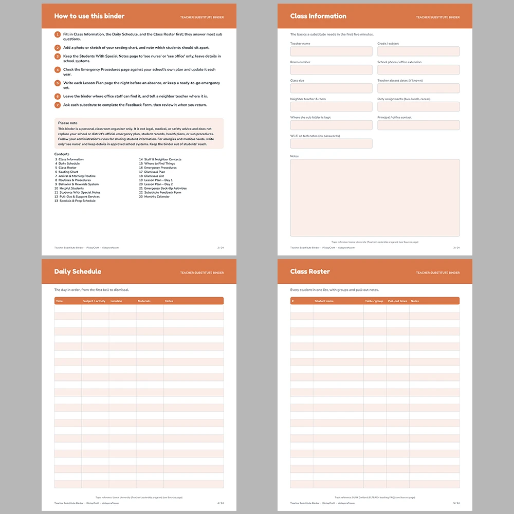Substitute Teacher Binder Printable | Sub Plans Template | Classroom Roster, Schedule, Emergency Info | K-8 Fillable PDF Instant Download