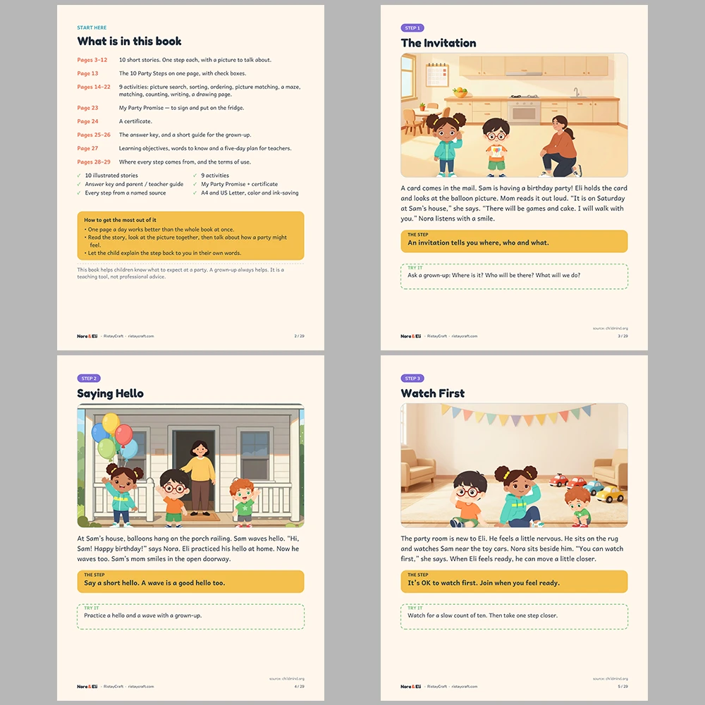 Going to a Birthday Party Social Narrative for Kids | 29-Page Printable Big Moment Story Ages 4–8 | Party Prep Story Activities