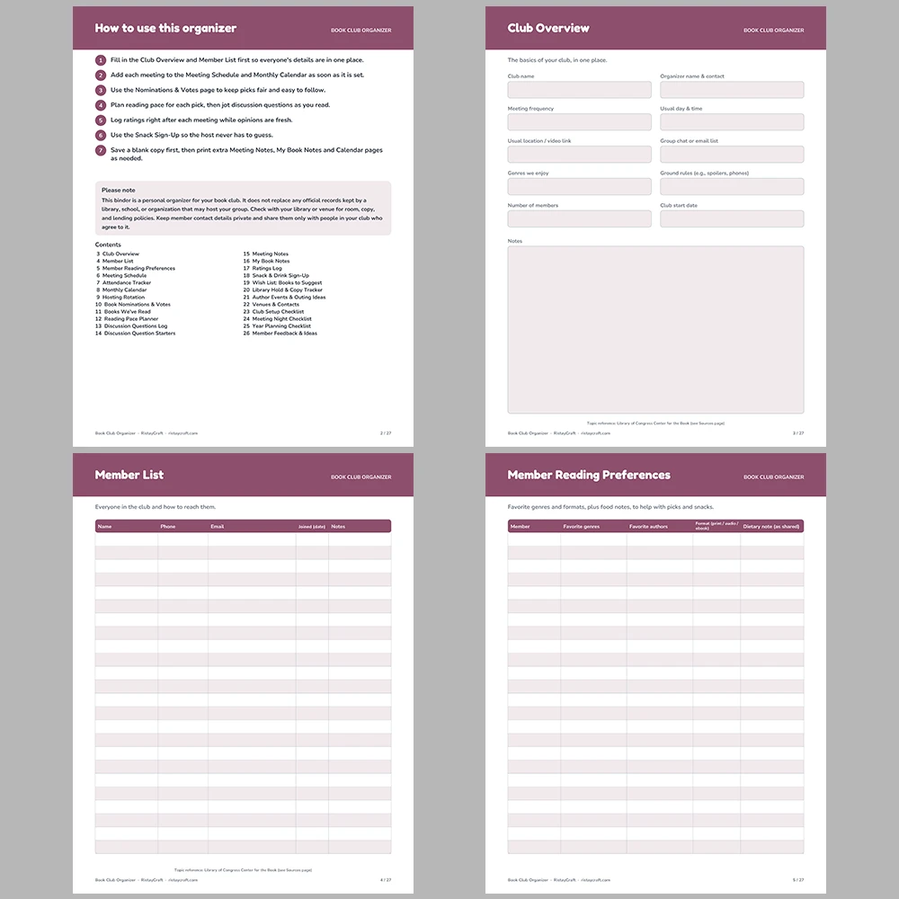Book Club Organizer Printable | Member List, Meeting Schedule, Book Votes, Hosting Rotation & Ratings Log | Fillable PDF Planner
