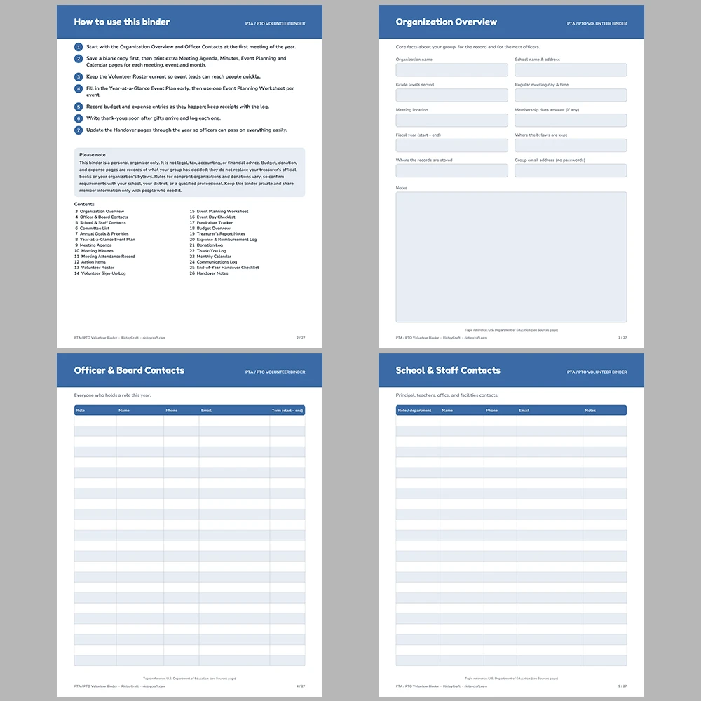 PTA Binder Printable | PTO Volunteer Organizer | Meeting Minutes, Event Planner, Fundraiser Tracker, Budget Log | Instant Download PDF