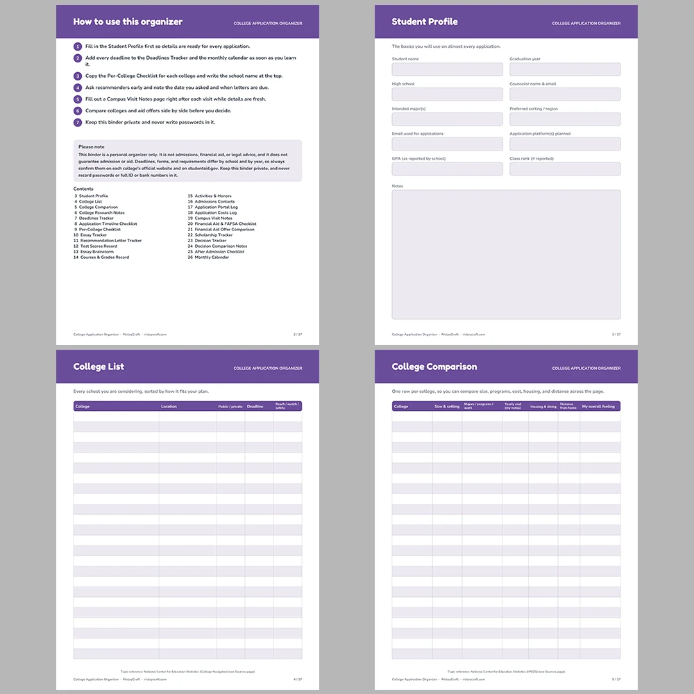 College Application Organizer Printable | College Planner, Deadlines, Essay & Recommendation Tracker | Instant Download PDF