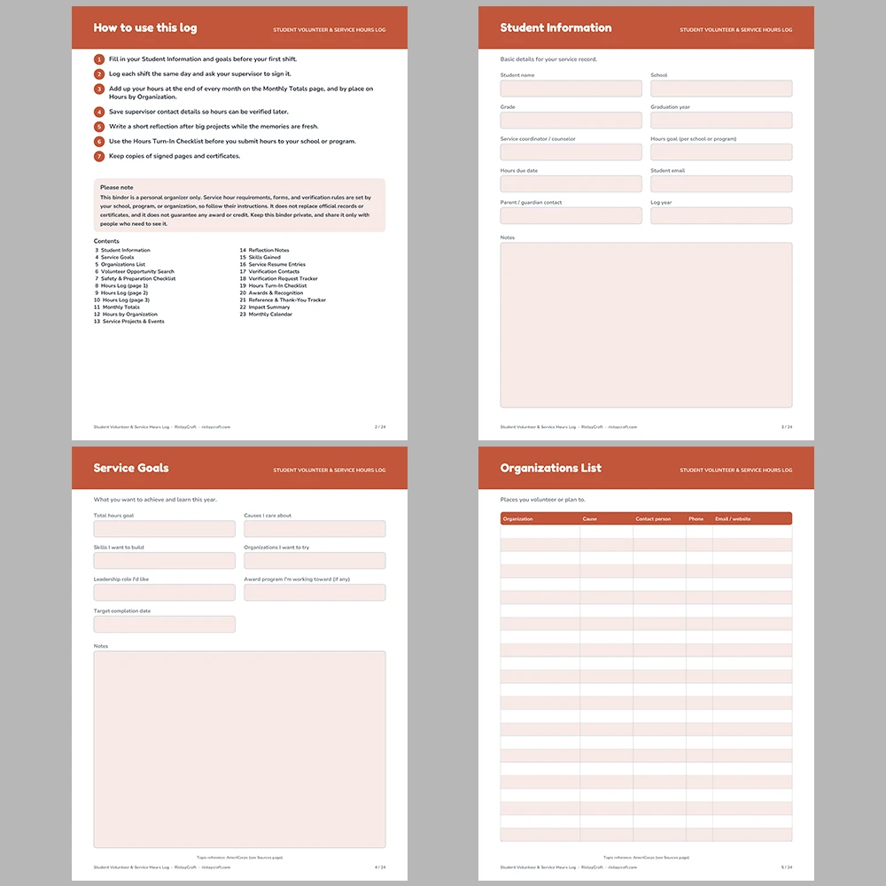 Student Volunteer Hours Log Printable | Community Service Tracker with Supervisor Signature | Instant Download PDF