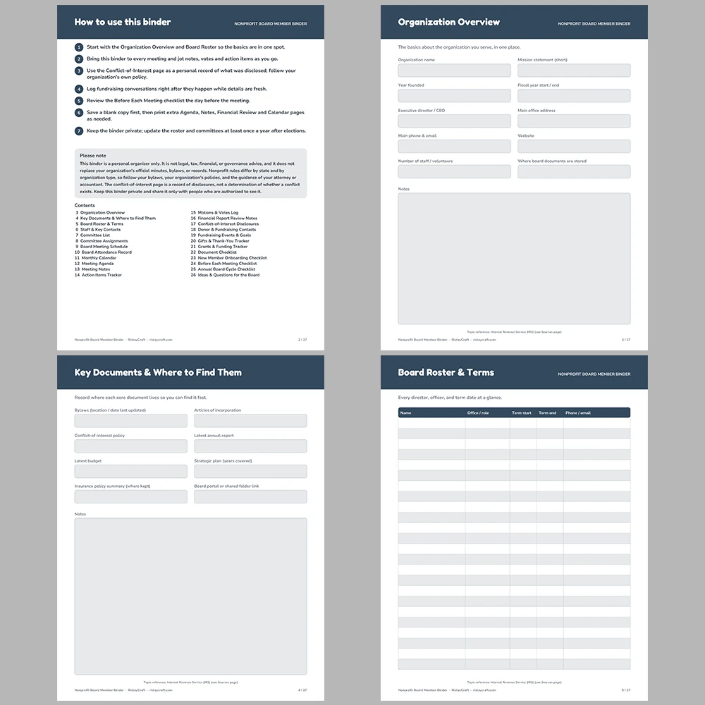 Nonprofit Board Member Binder Printable | Board Roster, Committees, Meeting Notes, Action Items & Donor Log | Fillable PDF Organizer