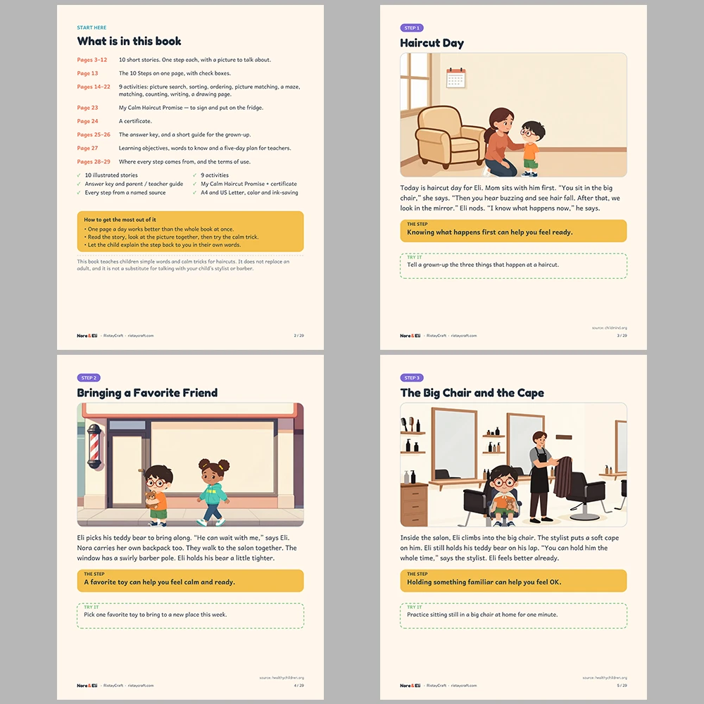 Getting a Haircut Social Narrative for Kids | 29-Page Printable Big Moment Story Ages 4–8 | Calm Coping Sensory Tips Activities