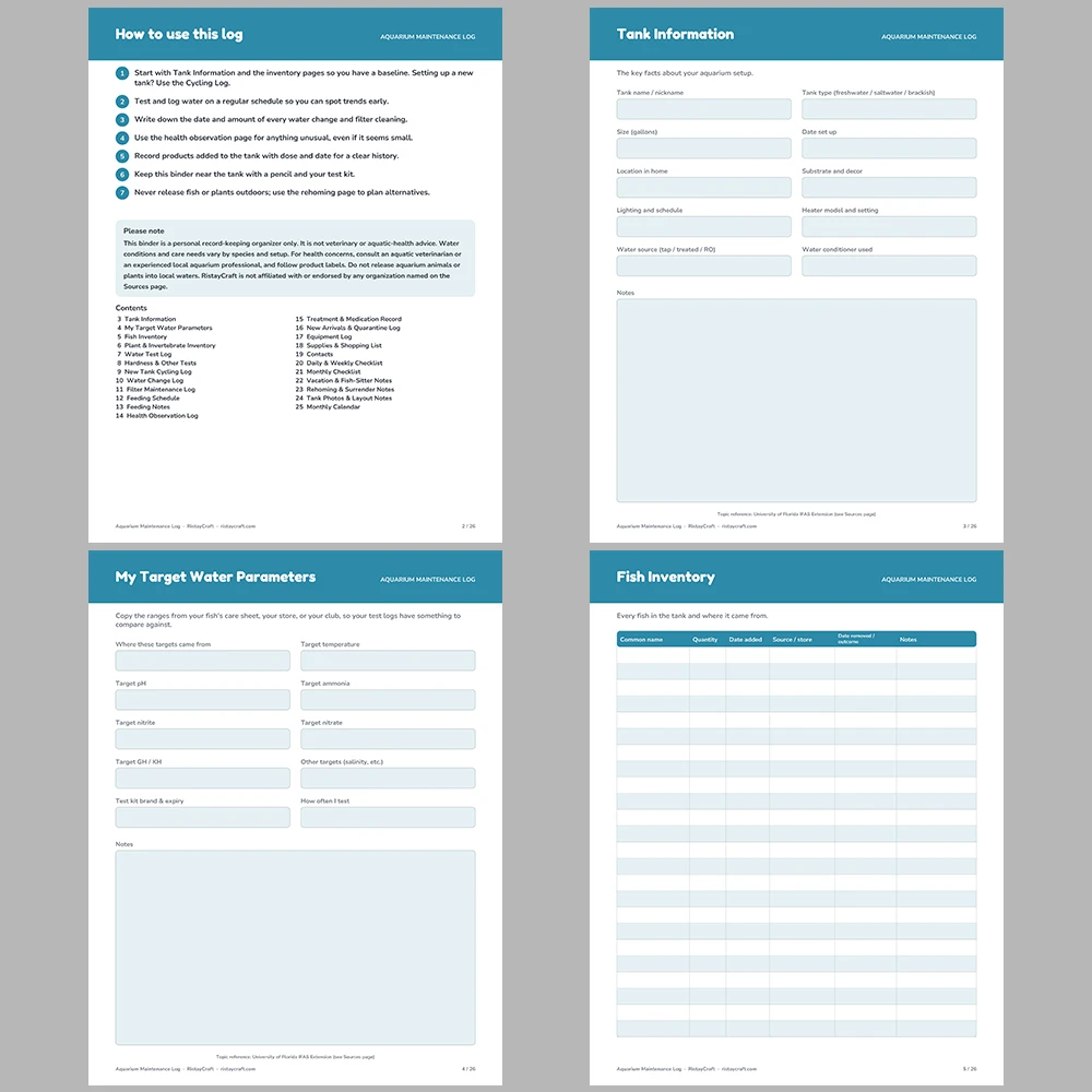 Aquarium Maintenance Log Printable | Fish Tank Water Test Tracker | Water Change Log | Aquarium Planner PDF | Instant Download