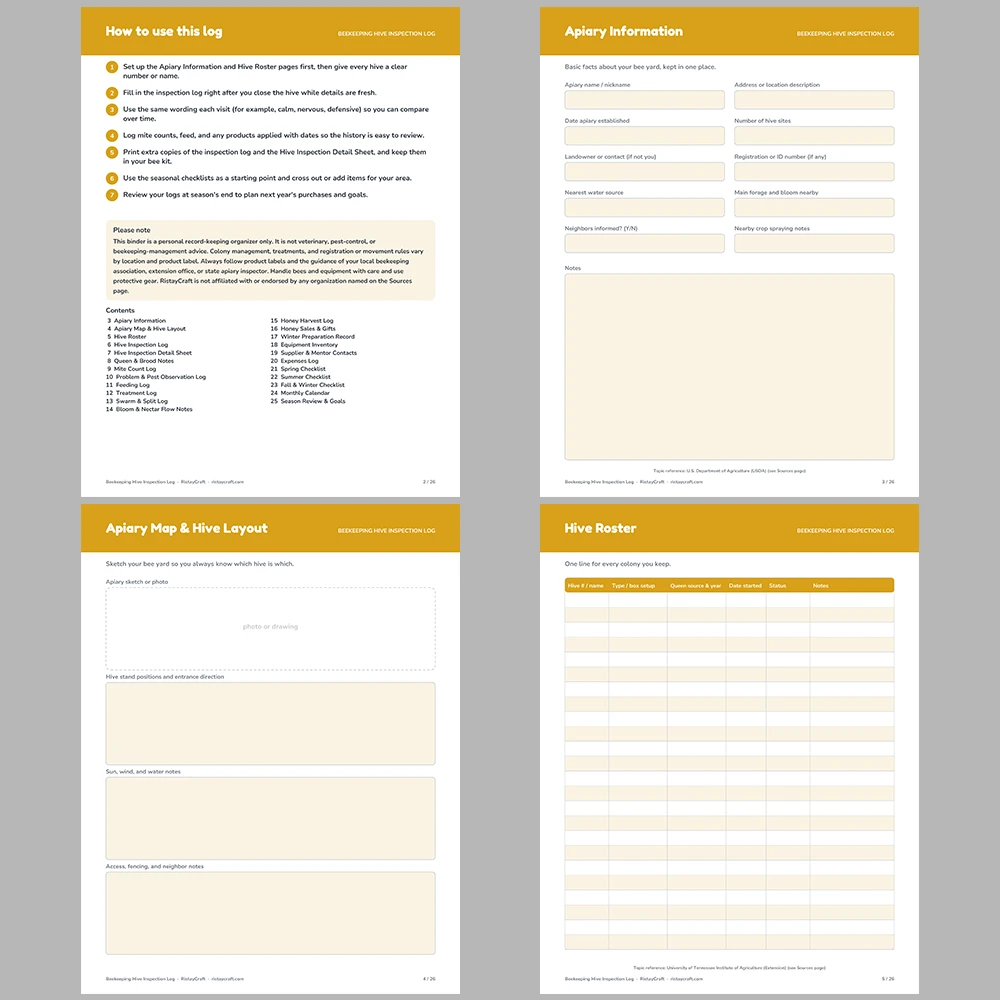 Beekeeping Log Printable | Hive Inspection Sheets | Apiary Record Keeping PDF | Honey Harvest Tracker | Beekeeper Binder Instant Download