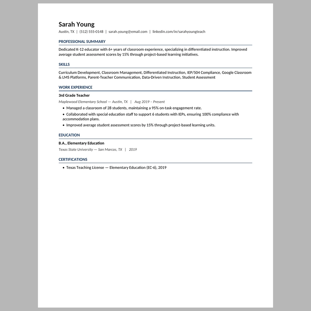 Experienced K-12 Teacher Resume Template | ATS-Friendly Word & PDF Resume