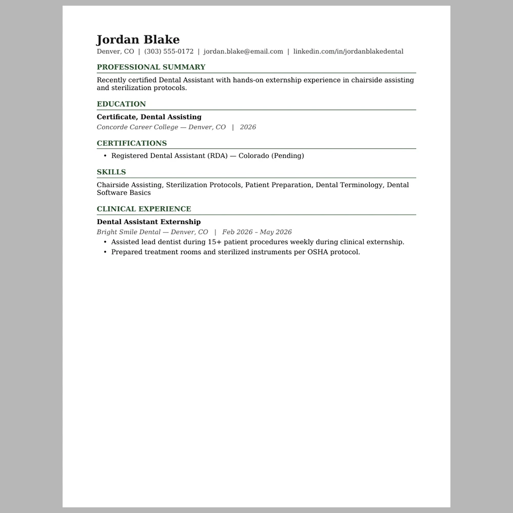 New Graduate Dental Assistant Resume Template | ATS-Friendly Word & PDF Resume