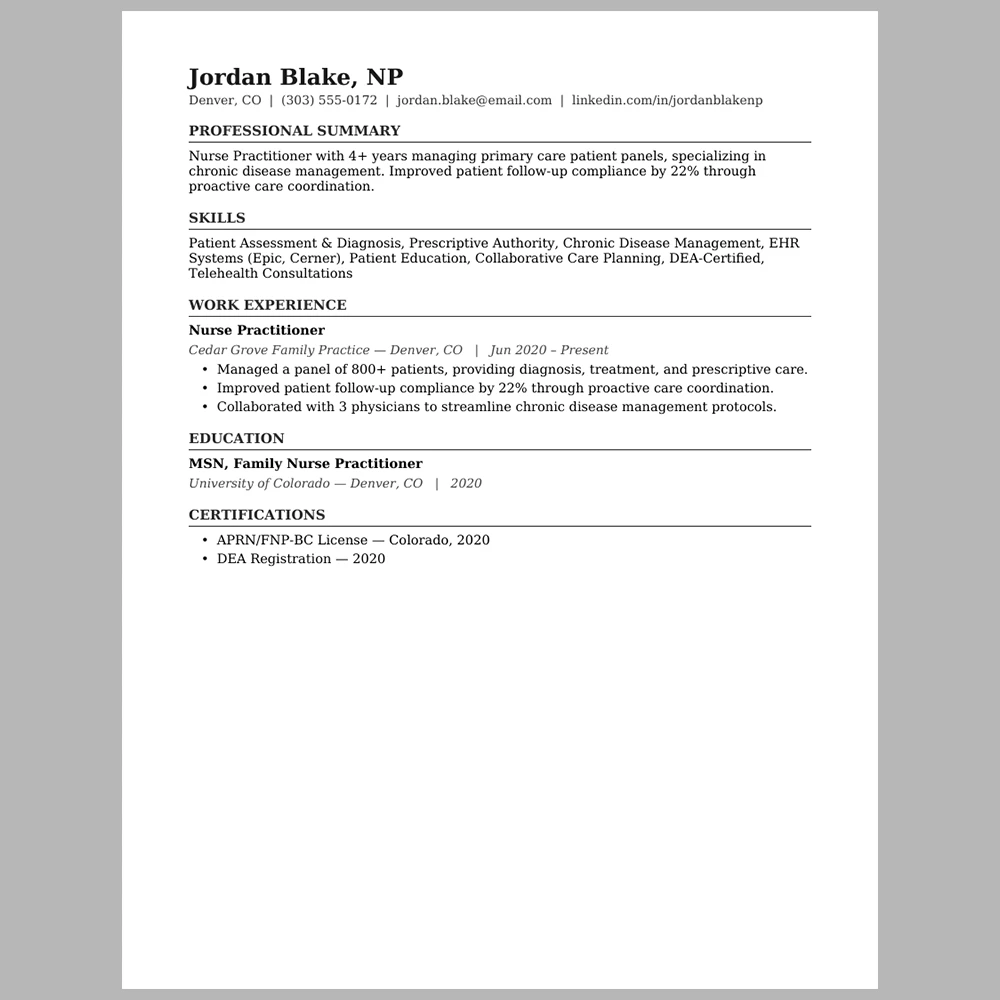 Experienced Nurse Practitioner (NP) Resume Template | ATS-Friendly Word & PDF Resume