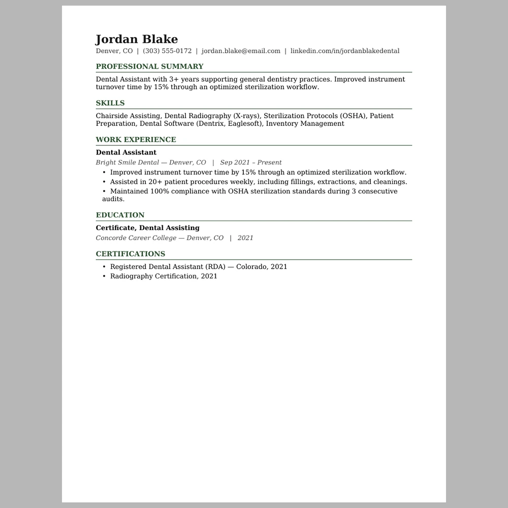 Experienced Dental Assistant Resume Template | ATS-Friendly Word & PDF Resume