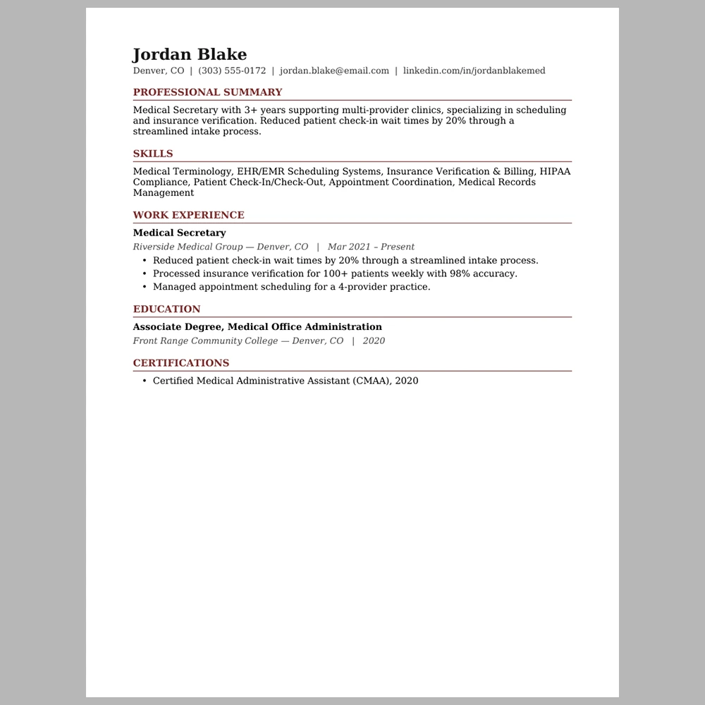 Experienced Medical Secretary Resume Template | ATS-Friendly Word & PDF Resume