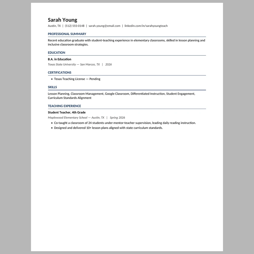 New Graduate Teacher Resume Template | ATS-Friendly Word & PDF Resume