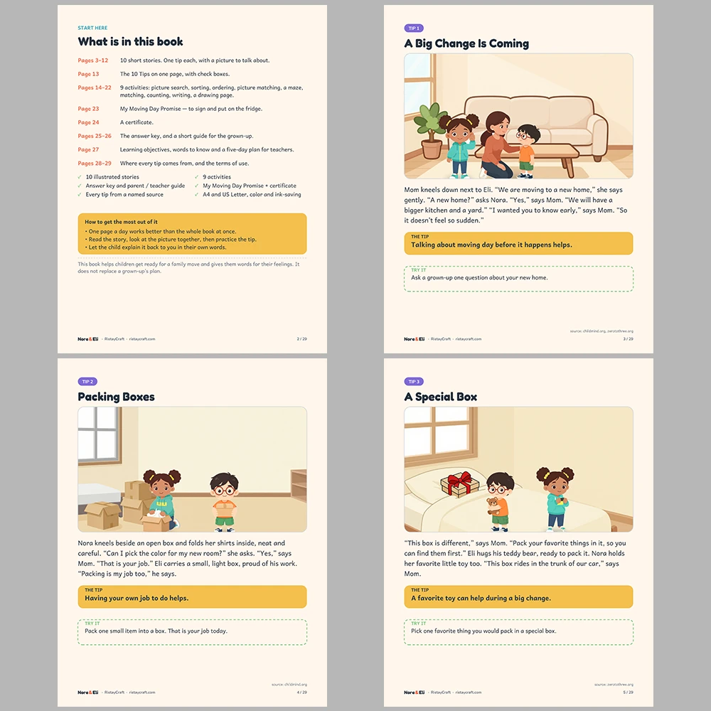 Moving to a New Home Social Narrative for Kids | 29-Page Printable Big Moment Story Ages 4-8 | Moving Day Packing Activities
