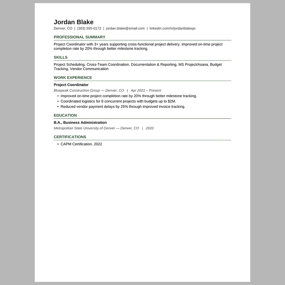 Experienced Project Coordinator Resume Template | ATS-Friendly Word & PDF Resume