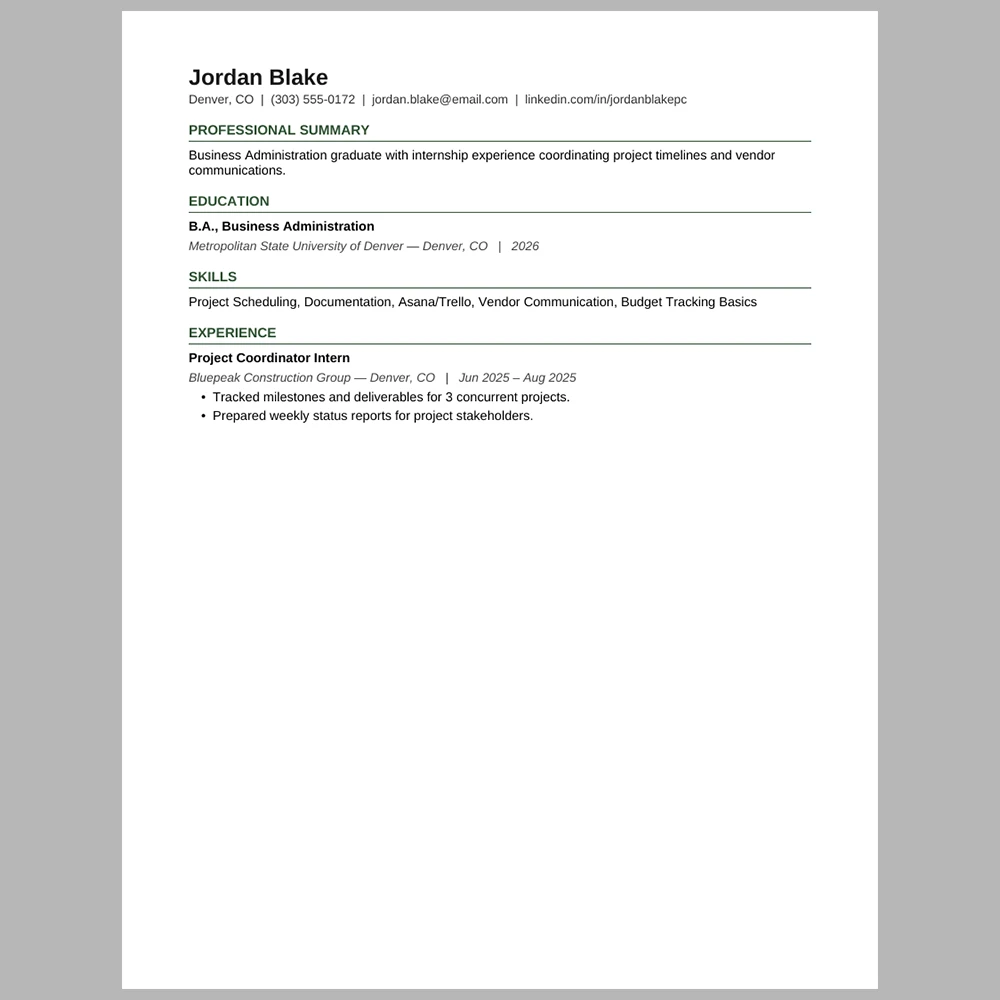 New Graduate Project Coordinator Resume Template | ATS-Friendly Word & PDF Resume