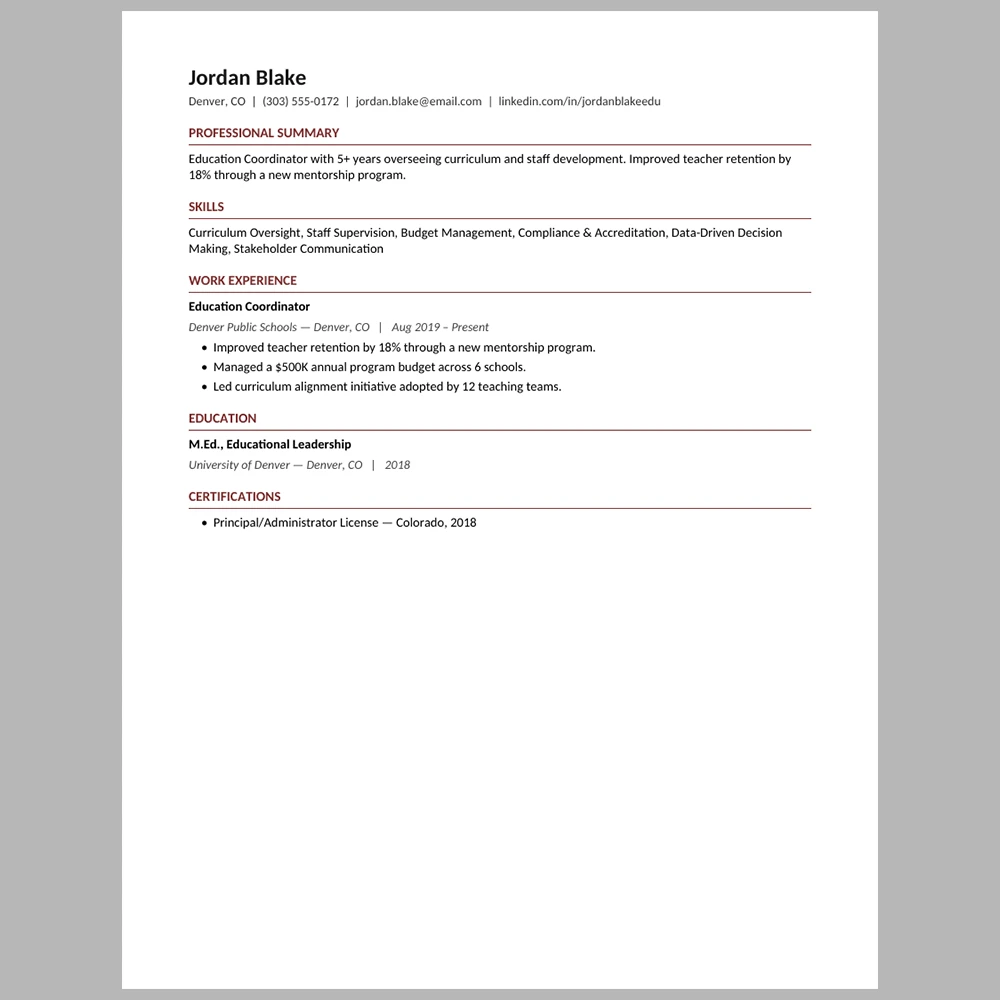 Experienced Education Administrator Resume Template | ATS-Friendly Word & PDF Resume