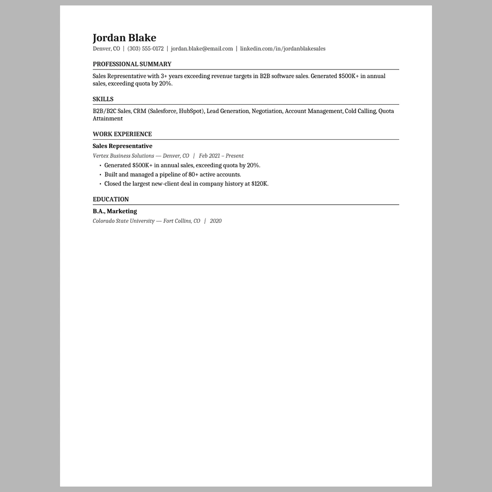 Experienced Sales Representative Resume Template | ATS-Friendly Word & PDF Resume