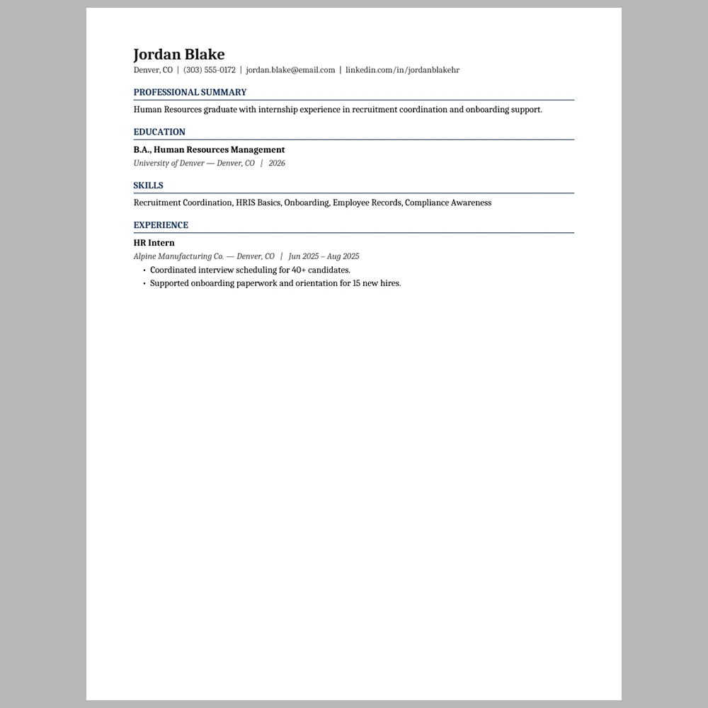 New Graduate Human Resources Specialist Resume Template | ATS-Friendly Word & PDF Resume
