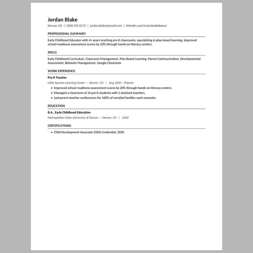 Experienced Preschool Teacher Resume Template | ATS-Friendly Word & PDF Resume