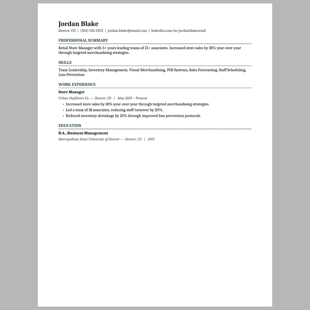 Experienced Retail Manager Resume Template | ATS-Friendly Word & PDF Resume