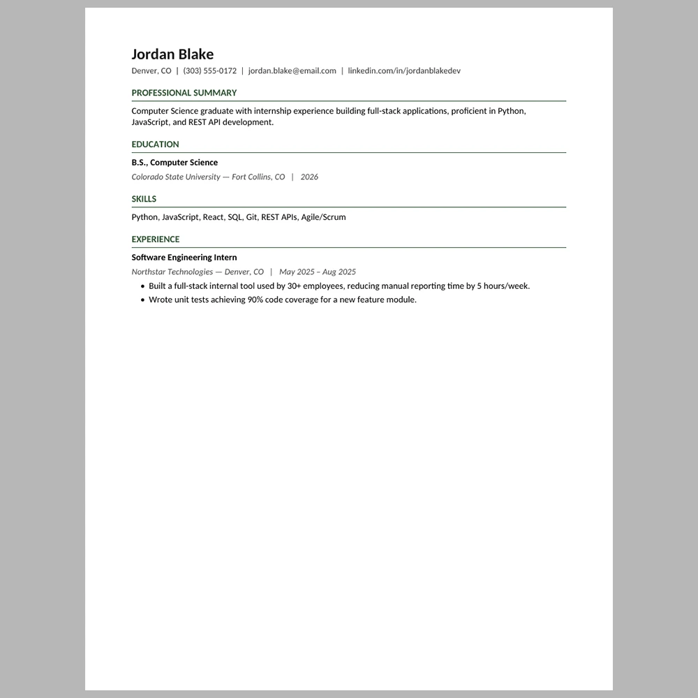 New Graduate Software Engineer Resume Template | ATS-Friendly Word & PDF Resume