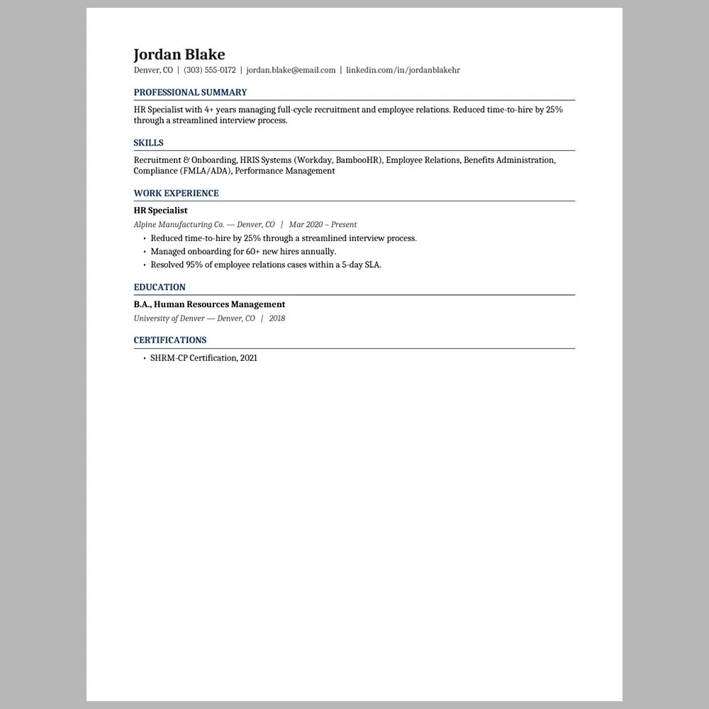 Experienced Human Resources Specialist Resume Template | ATS-Friendly Word & PDF Resume