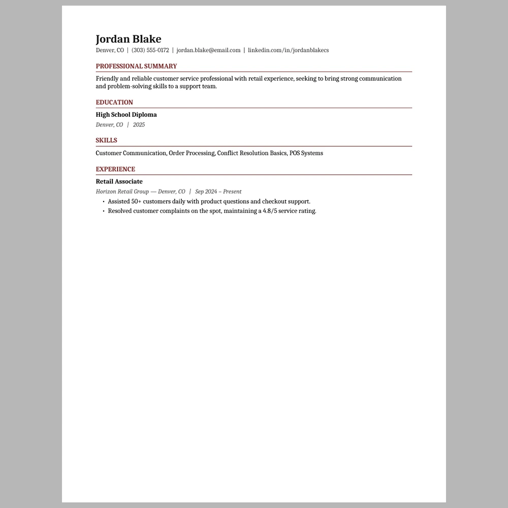 Entry-Level Customer Service Representative Resume Template | ATS-Friendly Word & PDF Resume
