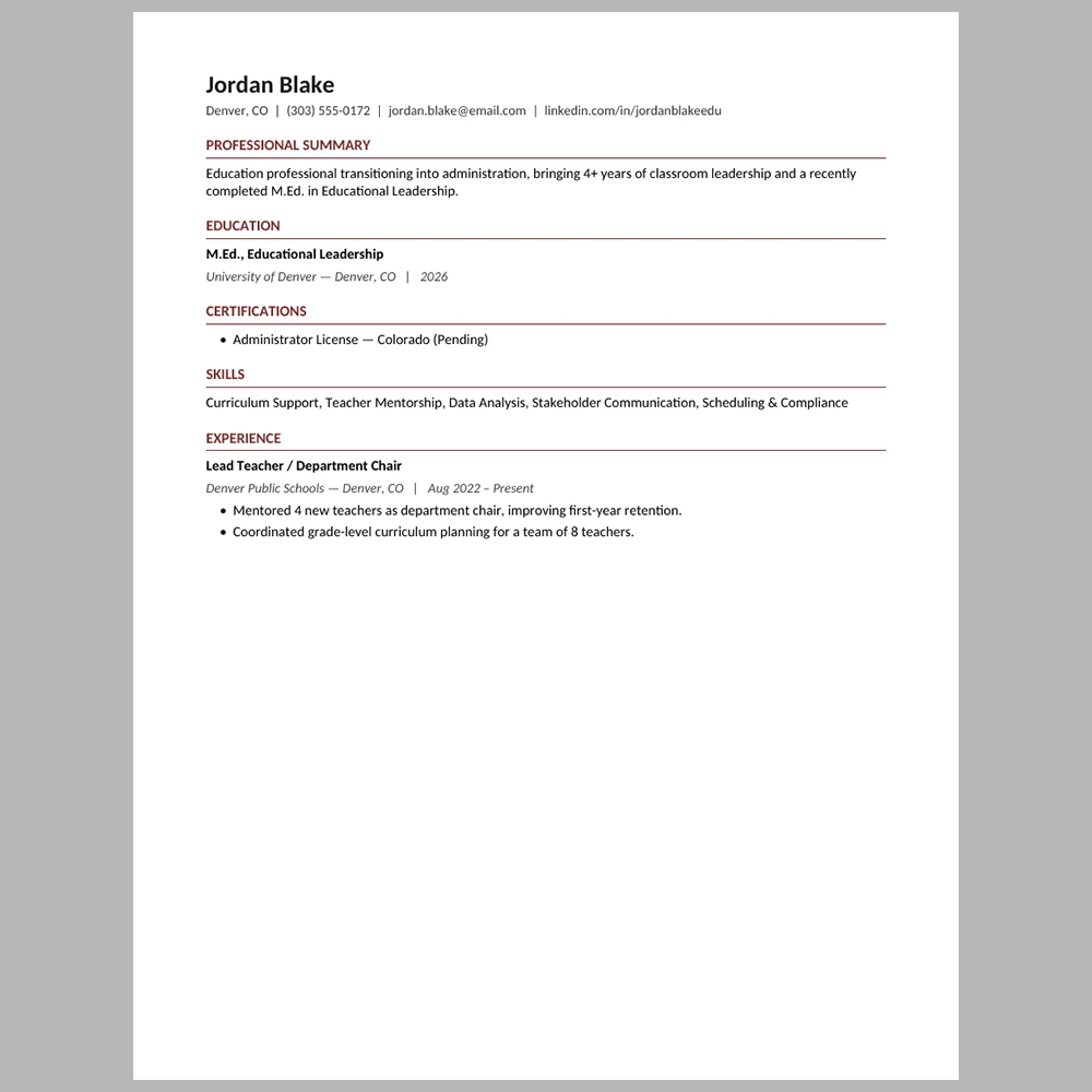 New Education Administrator Resume Template | ATS-Friendly Word & PDF Resume