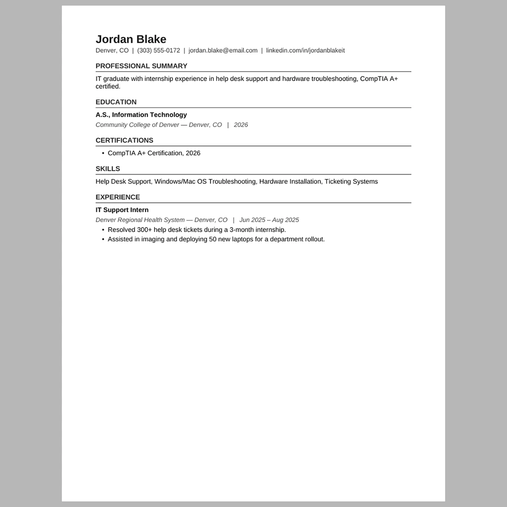 New Graduate IT Support Specialist Resume Template | ATS-Friendly Word & PDF Resume