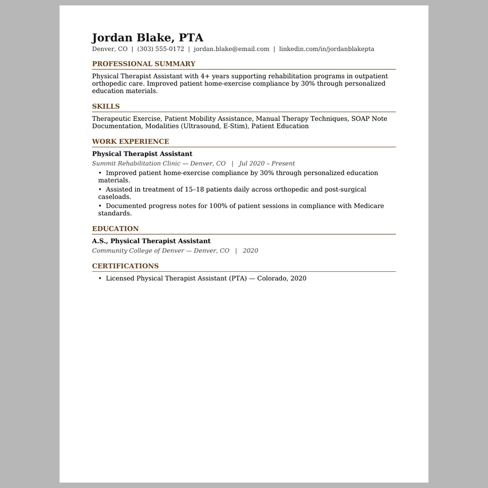 Experienced Physical Therapist Assistant Resume Template | ATS-Friendly Word & PDF Resume