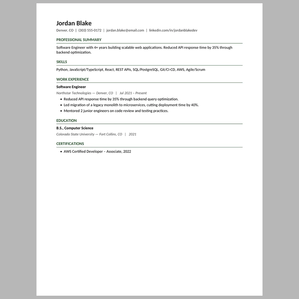 Experienced Software Engineer Resume Template | ATS-Friendly Word & PDF Resume
