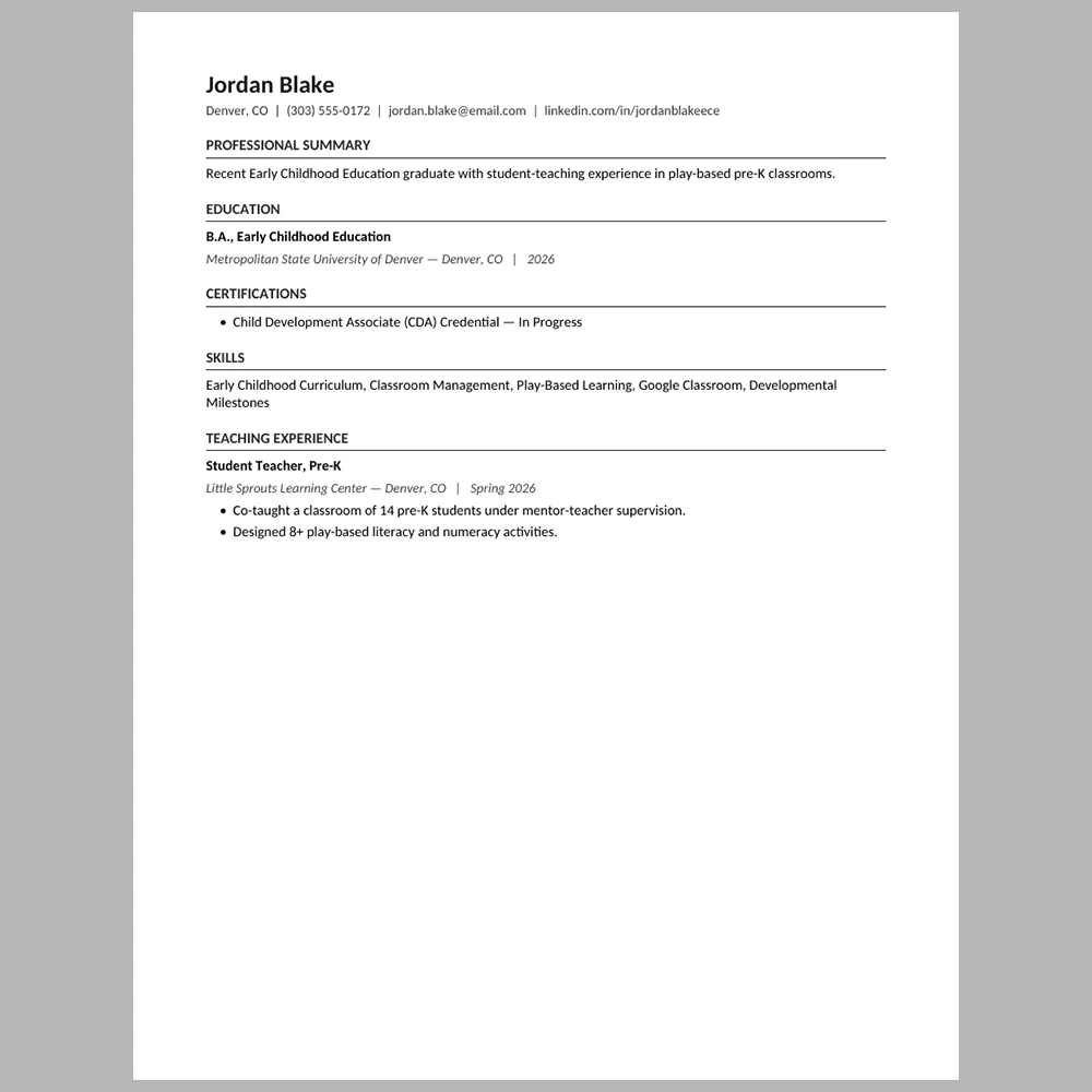 New Graduate Preschool Teacher Resume Template | ATS-Friendly Word & PDF Resume