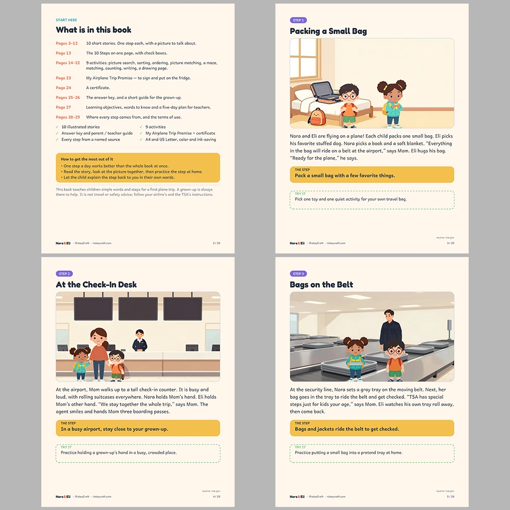 Airplane Trip Social Narrative for Kids | 29-Page Printable Big Moment Story Ages 4-8 | First Flight TSA Airport Stories Activities