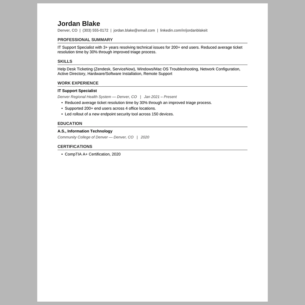 Experienced IT Support Specialist Resume Template | ATS-Friendly Word & PDF Resume
