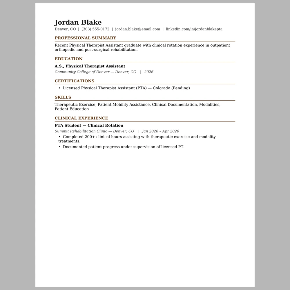 New Graduate Physical Therapist Assistant Resume Template | ATS-Friendly Word & PDF Resume