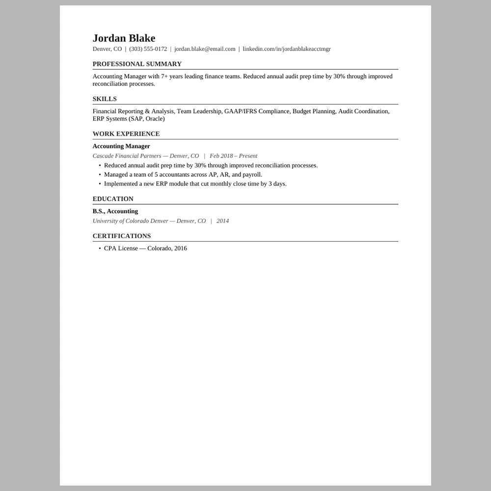 Experienced Accounting Manager Resume Template | ATS-Friendly Word & PDF Resume